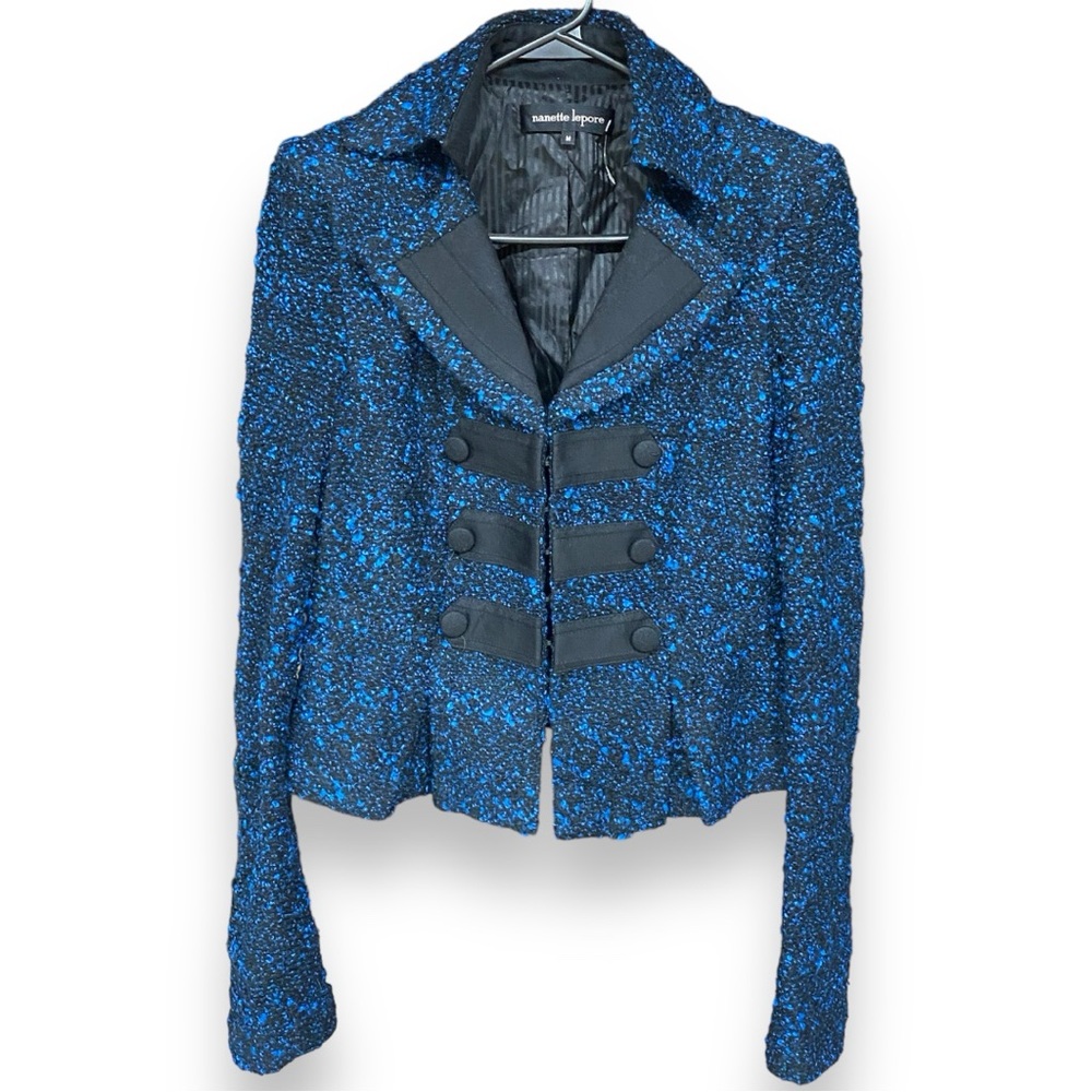 Nanette Lepore Tweed Cropped Military Style Blue Black Vamp Blazer Medium